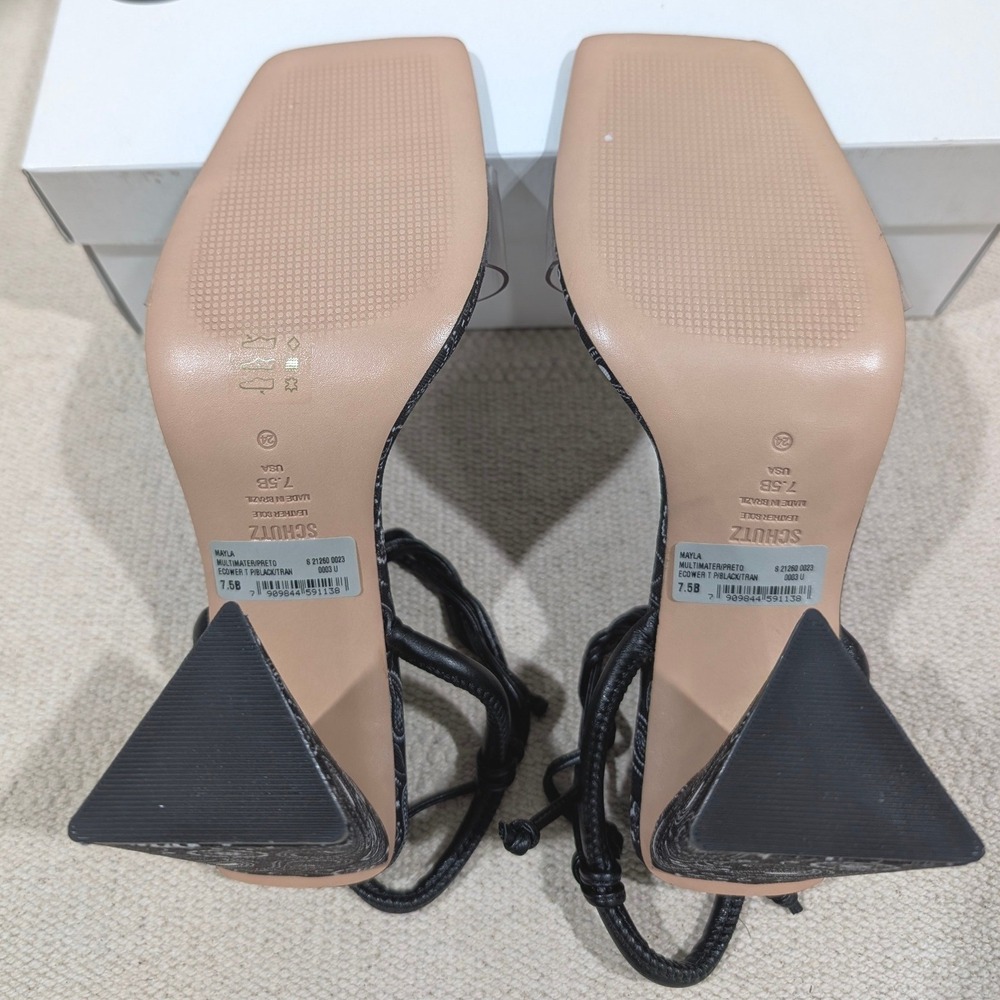 Schutz Black White Paisley Fabric Clear Strap Ankle Tie Block Heel Sandals 7.5B - Picture 7 of 11
